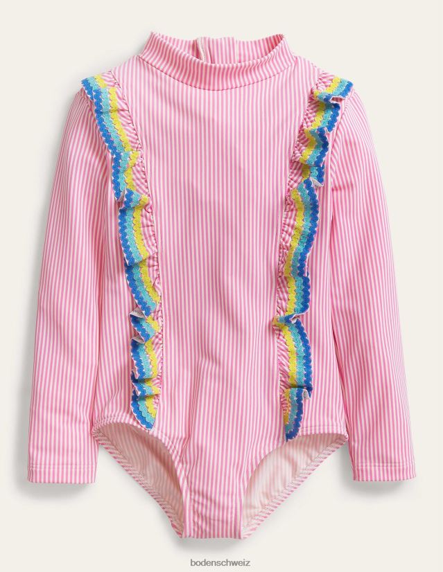 Boden Baby Langärmliger Badeanzug mit Rüschen VH86PT3456 Kleidung gekitzelter rosa und elfenbeinfarbener Streifen