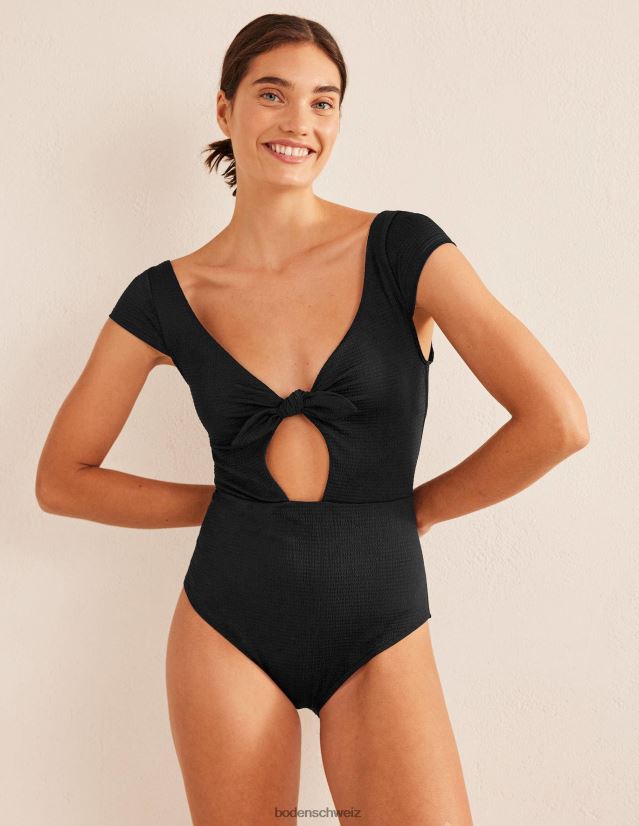 Boden Frauen Badeanzug mit Flügelärmeln zum Binden VH86PT1065 Kleidung schwarze Seersucker-Textur