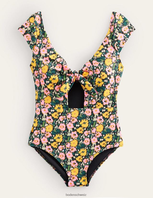 Boden Frauen Badeanzug mit Flügelärmeln zum Binden VH86PT1263 Kleidung Smaragdnacht und abstrakter Mohn