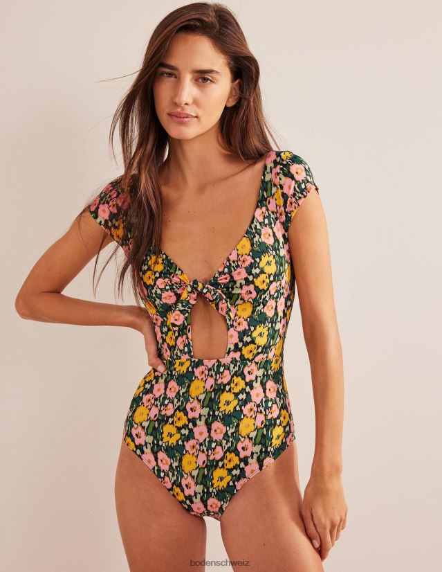 Boden Frauen Badeanzug mit Flügelärmeln zum Binden VH86PT1263 Kleidung Smaragdnacht und abstrakter Mohn