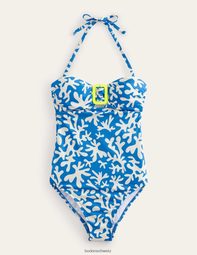 Boden Frauen Bandeau-Badeanzug mit Wickelschnalle VH86PT1794 Kleidung blaues und abstraktes Blattwerk
