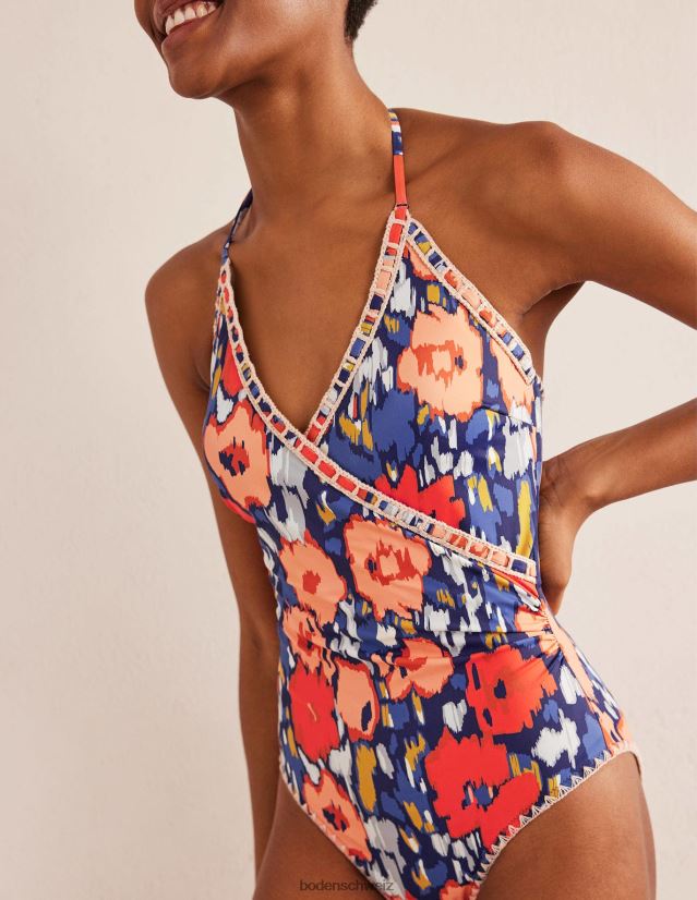 Boden Frauen Gehäkelter Wickelbadeanzug VH86PT983 Kleidung Marineblau und abstrakte Mohnblume