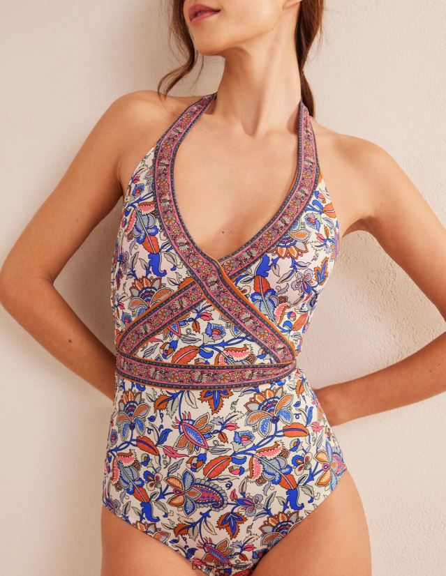 Boden Frauen Kefalonia Neckholder-Badeanzug VH86PT1052 Kleidung Paisley-Ranke aus Elfenbein und Koralle