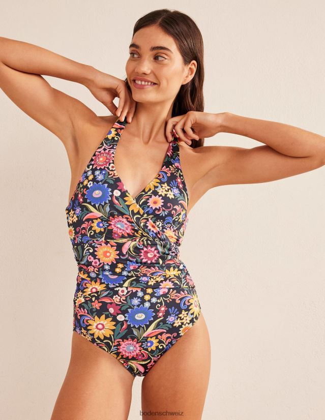 Boden Frauen Levanzo geraffter Neckholder-Badeanzug VH86PT1114 Kleidung Schwarz- und Gardenien-Pop