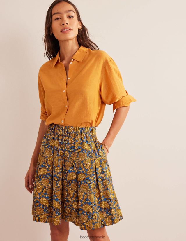Boden Frauen Faltenrock aus Baumwolle VH86PT1218 Kleidung Ernte Gold- und Paisley-Terrasse