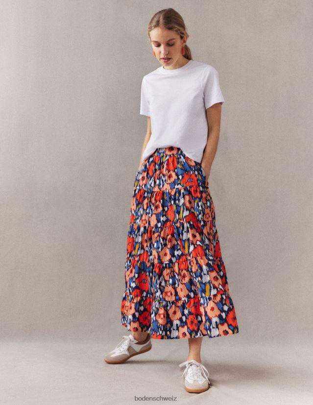 Boden Frauen Gestufter Midirock aus Popeline VH86PT1516 Kleidung Marineblau und abstrakte Mohnblume, groß