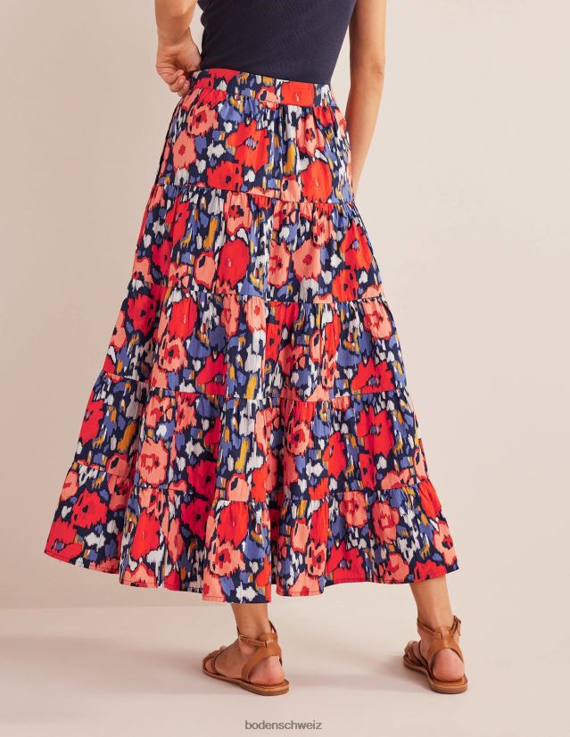 Boden Frauen Gestufter Midirock aus Popeline VH86PT1516 Kleidung Marineblau und abstrakte Mohnblume, groß