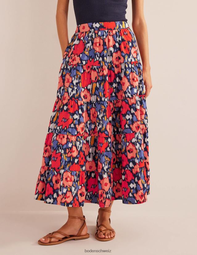 Boden Frauen Gestufter Midirock aus Popeline VH86PT1516 Kleidung Marineblau und abstrakte Mohnblume, groß