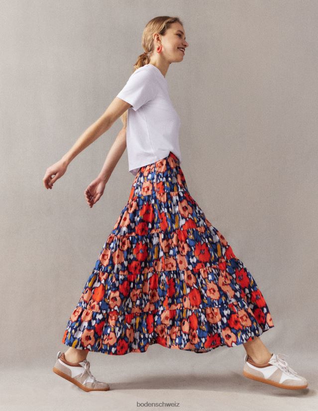 Boden Frauen Gestufter Midirock aus Popeline VH86PT1516 Kleidung Marineblau und abstrakte Mohnblume, groß