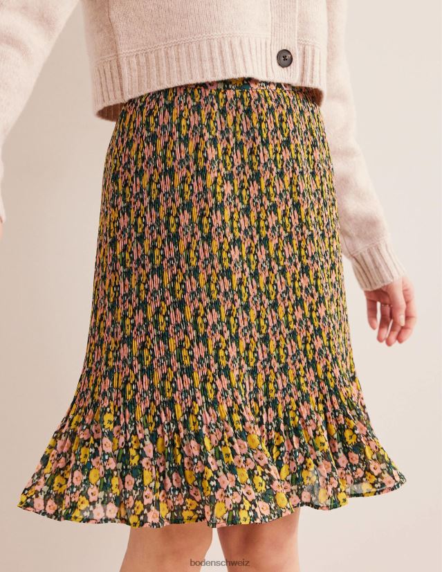 Boden Frauen Knielanger Plisseerock VH86PT1243 Kleidung Smaragdnacht und abstrakter Mohn