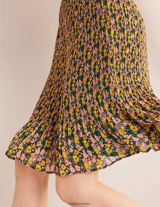 Boden Frauen Knielanger Plisseerock VH86PT1243 Kleidung Smaragdnacht und abstrakter Mohn