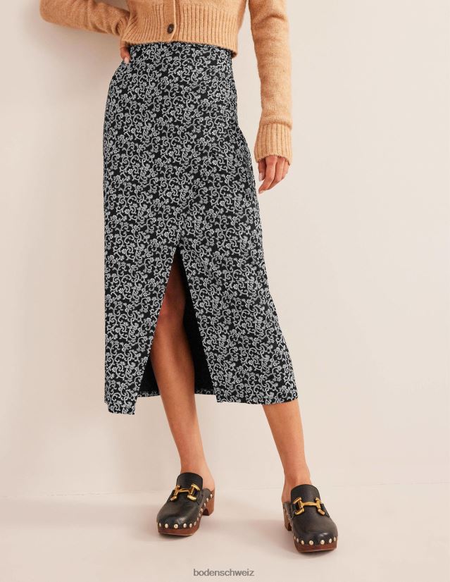 Boden Frauen Midirock aus Jersey mit seitlichen Schlitzen VH86PT2516 Kleidung schwarze und abstrakte Rebe