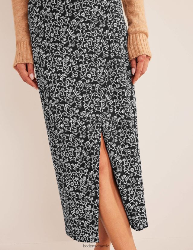 Boden Frauen Midirock aus Jersey mit seitlichen Schlitzen VH86PT2516 Kleidung schwarze und abstrakte Rebe