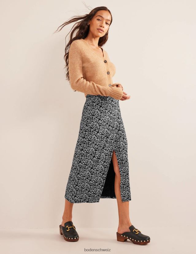 Boden Frauen Midirock aus Jersey mit seitlichen Schlitzen VH86PT2516 Kleidung schwarze und abstrakte Rebe