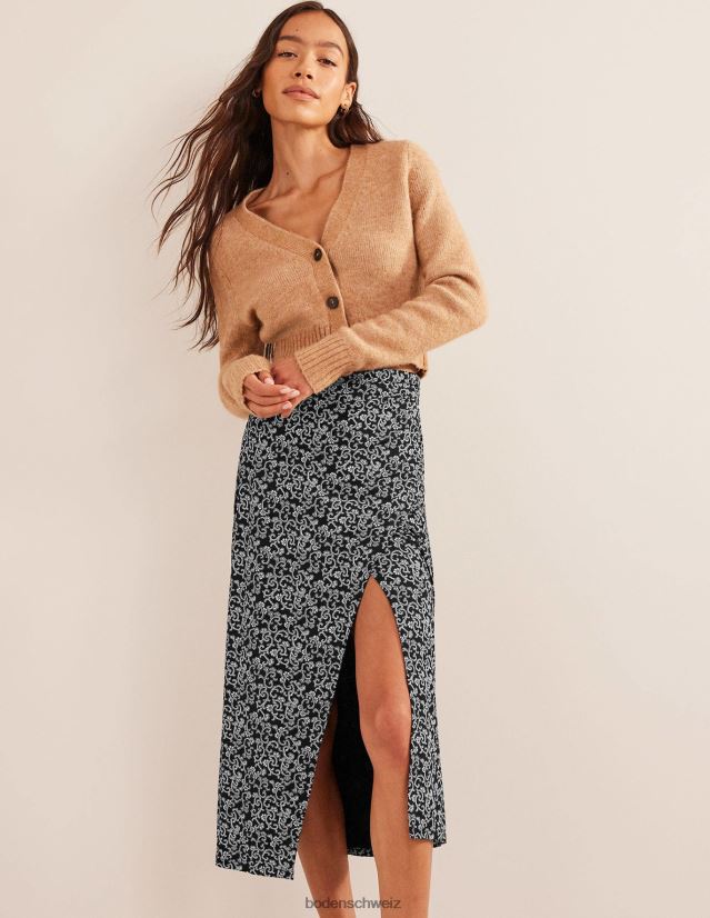 Boden Frauen Midirock aus Jersey mit seitlichen Schlitzen VH86PT2516 Kleidung schwarze und abstrakte Rebe