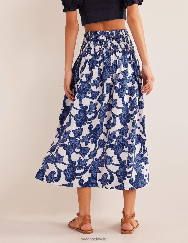 Boden Frauen Midirock aus Leinen mit geraffter Taille VH86PT2575 Kleidung Blaues Band und Paisley-Wirbel