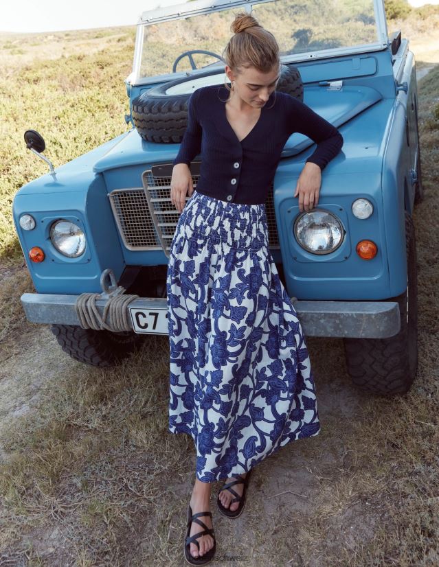 Boden Frauen Midirock aus Leinen mit geraffter Taille VH86PT2575 Kleidung Blaues Band und Paisley-Wirbel