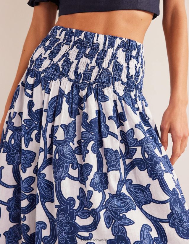 Boden Frauen Midirock aus Leinen mit geraffter Taille VH86PT2575 Kleidung Blaues Band und Paisley-Wirbel