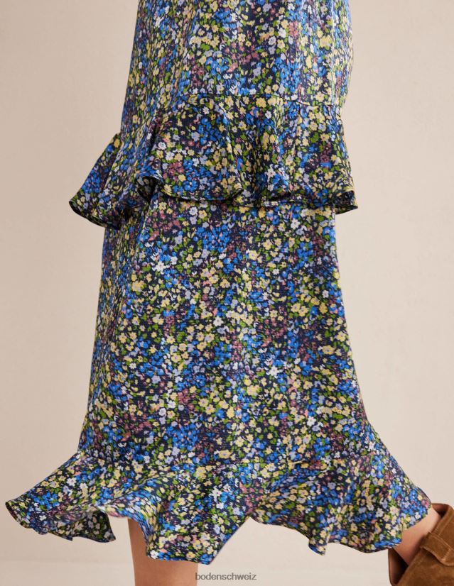 Boden Frauen Midirock aus Satin mit Rüschen VH86PT2512 Kleidung Nebel blau und Gatdenia-Blütenblatt