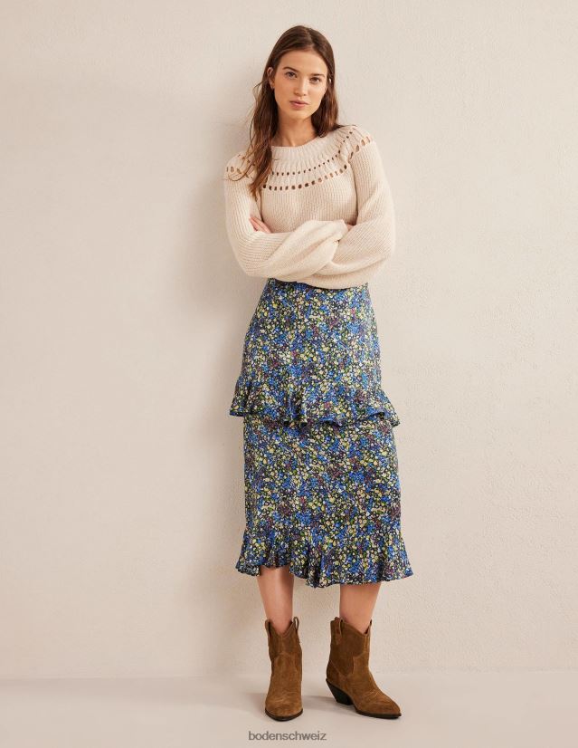 Boden Frauen Midirock aus Satin mit Rüschen VH86PT2512 Kleidung Nebel blau und Gatdenia-Blütenblatt