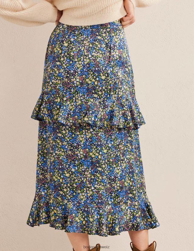 Boden Frauen Midirock aus Satin mit Rüschen VH86PT2512 Kleidung Nebel blau und Gatdenia-Blütenblatt