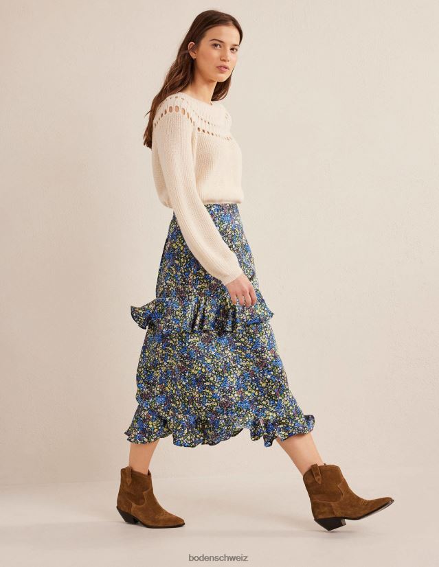 Boden Frauen Midirock aus Satin mit Rüschen VH86PT2512 Kleidung Nebel blau und Gatdenia-Blütenblatt