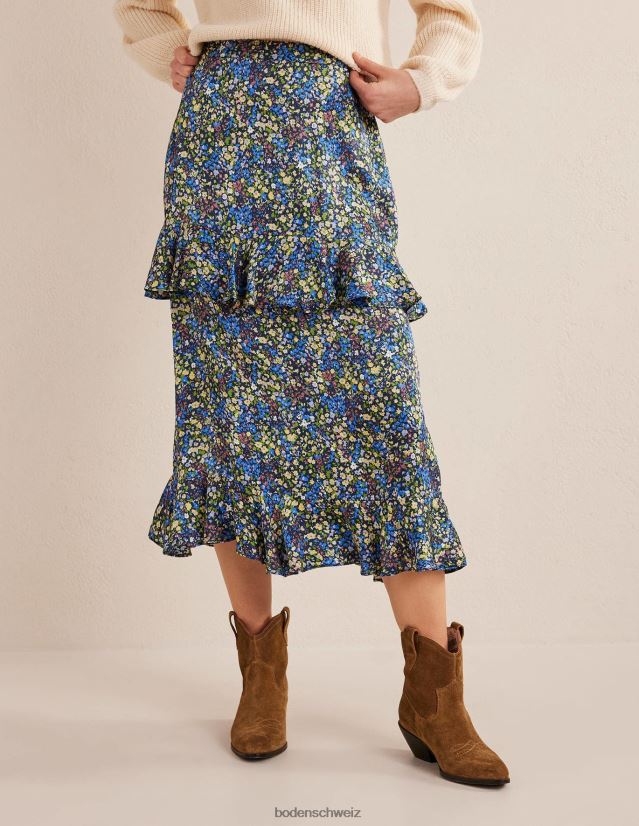 Boden Frauen Midirock aus Satin mit Rüschen VH86PT2512 Kleidung Nebel blau und Gatdenia-Blütenblatt