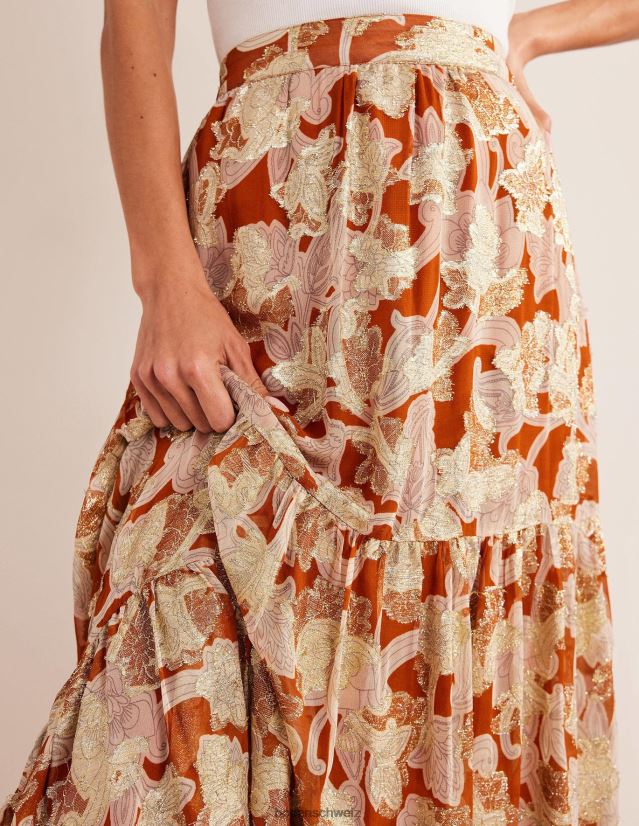 Boden Frauen Stufenförmiger Maxirock aus Metall VH86PT1126 Kleidung Rost und Paisley-Wirbel