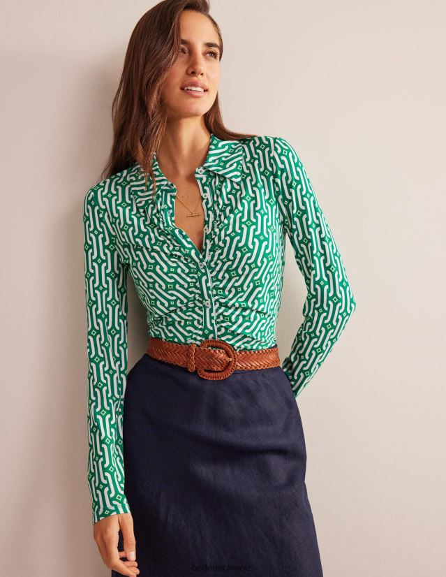 Boden Frauen Bedrucktes Jersey-Shirt VH86PT1189 Kleidung helles Smaragd- und Azurblau-Geo