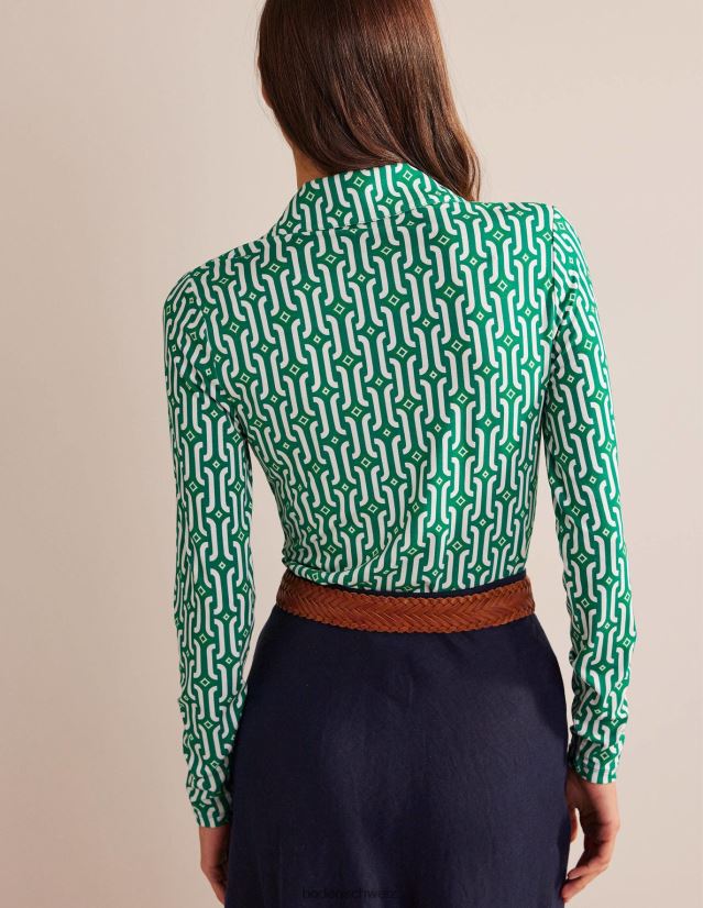 Boden Frauen Bedrucktes Jersey-Shirt VH86PT1189 Kleidung helles Smaragd- und Azurblau-Geo