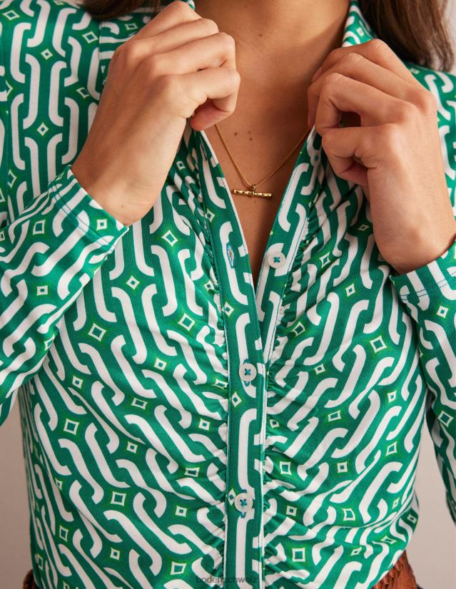 Boden Frauen Bedrucktes Jersey-Shirt VH86PT1189 Kleidung helles Smaragd- und Azurblau-Geo