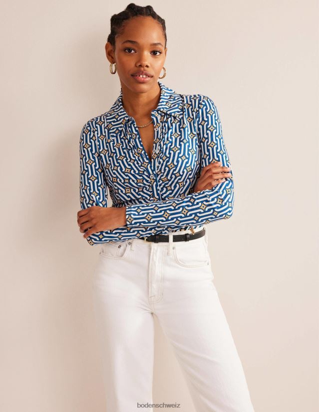 Boden Frauen Bedrucktes Jersey-Shirt VH86PT1485 Kleidung Saphir- und Azurblau-Geo