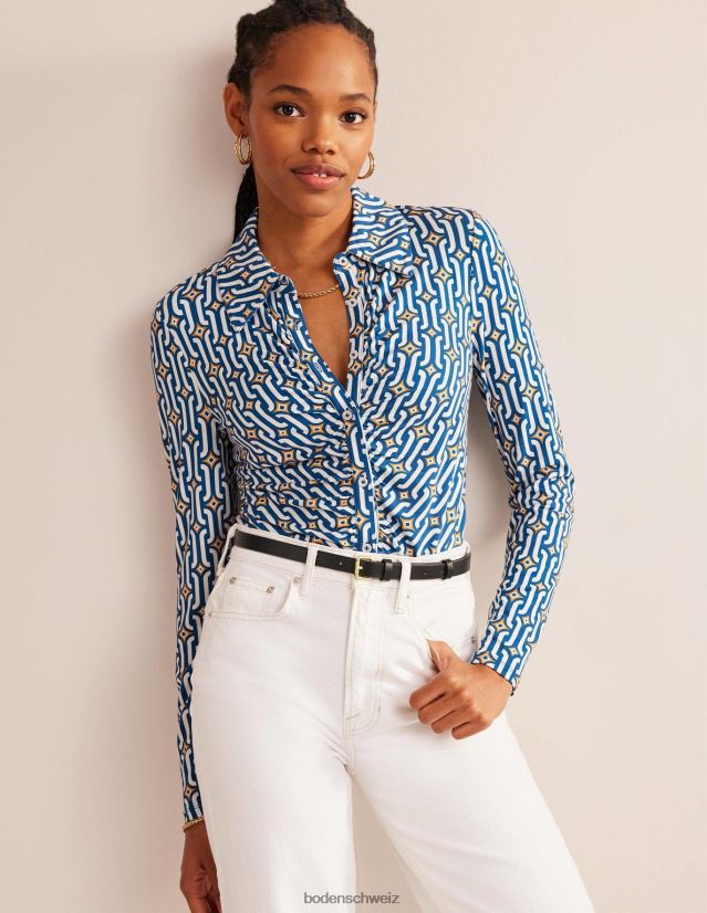 Boden Frauen Bedrucktes Jersey-Shirt VH86PT1485 Kleidung Saphir- und Azurblau-Geo