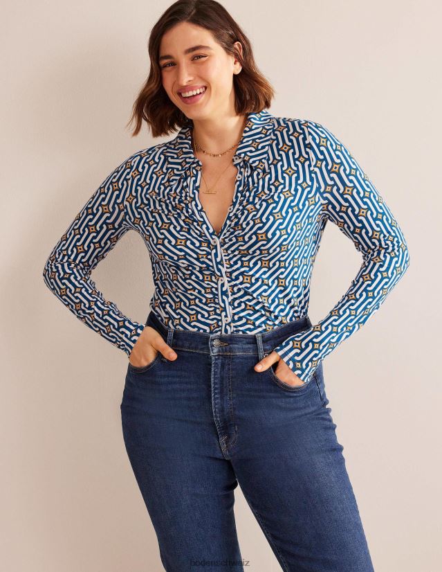 Boden Frauen Bedrucktes Jersey-Shirt VH86PT1485 Kleidung Saphir- und Azurblau-Geo
