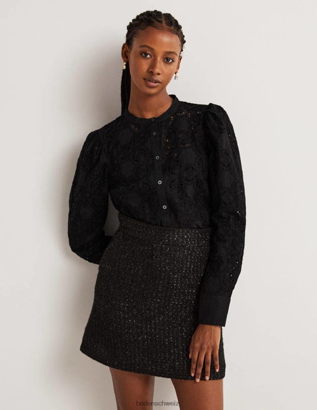 Boden Frauen Bluse mit Lochmuster und Hammelärmeln VH86PT2040 Kleidung Schwarz