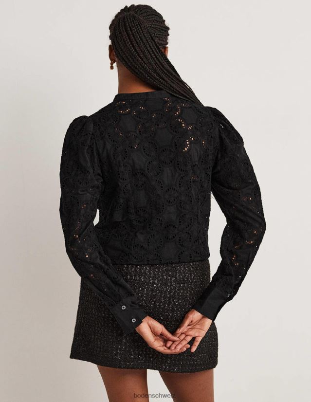 Boden Frauen Bluse mit Lochmuster und Hammelärmeln VH86PT2040 Kleidung Schwarz