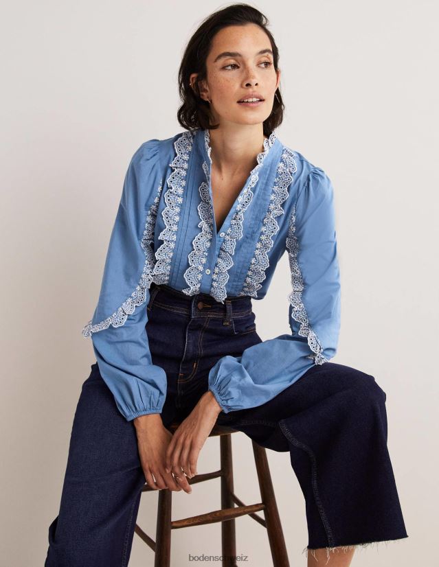 Boden Frauen Bluse mit Rüschenärmeln und Lochstickerei VH86PT1889 Kleidung Rivierablau