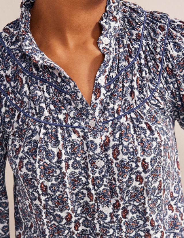 Boden Frauen Hemd aus Jersey mit geraffter Passe VH86PT1392 Kleidung Nachtschatten und Blockpaisley