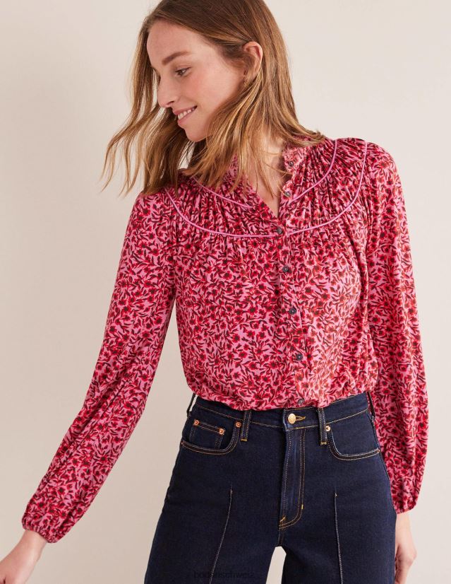 Boden Frauen Hemd aus Jersey mit geraffter Passe VH86PT1446 Kleidung Gin Fizz und abstrakte Weinrebe