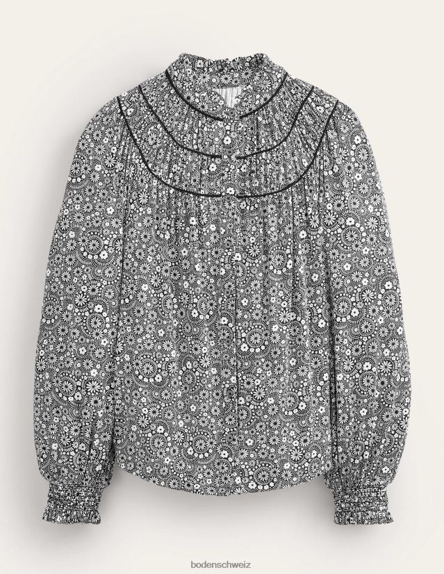 Boden Frauen Hemd aus Jersey mit geraffter Passe VH86PT1802 Kleidung schwarzes und gepunktetes Gänseblümchen