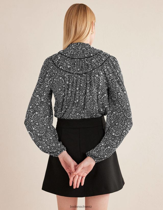 Boden Frauen Hemd aus Jersey mit geraffter Passe VH86PT1802 Kleidung schwarzes und gepunktetes Gänseblümchen