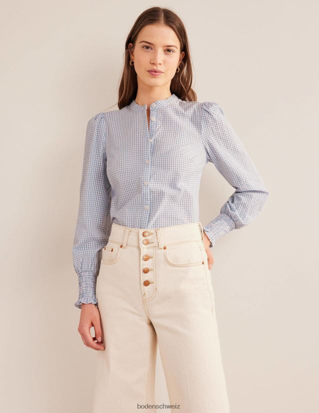 Boden Frauen Hemd mit gesmokten Manschetten VH86PT2171 Kleidung Blauer Blizzard-Mikro-Gingham
