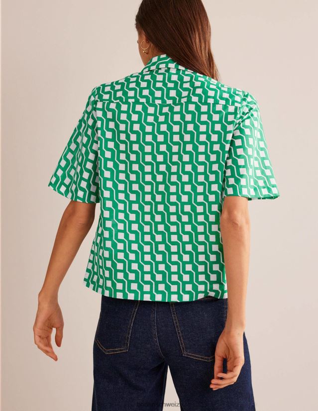 Boden Frauen Kurzarm-Baumwollhemd VH86PT315 Kleidung helles Smaragd- und Würfel-Geo
