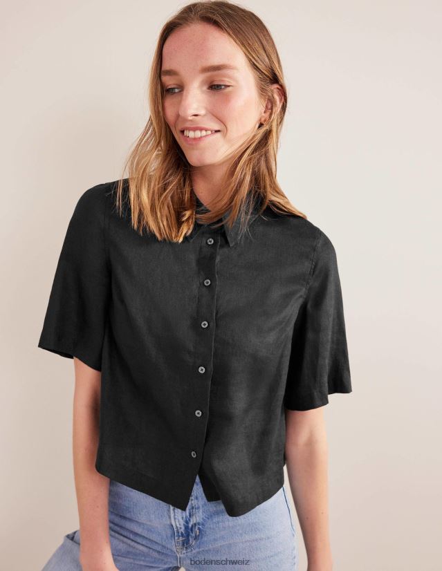 Boden Frauen Kurzarm-Leinenhemd VH86PT2510 Kleidung Schwarz