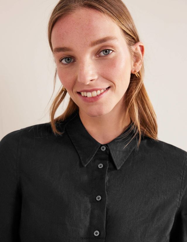 Boden Frauen Kurzarm-Leinenhemd VH86PT2510 Kleidung Schwarz