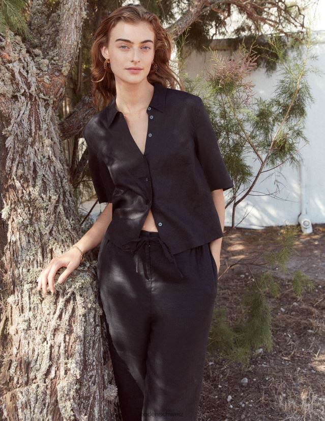 Boden Frauen Kurzarm-Leinenhemd VH86PT2510 Kleidung Schwarz