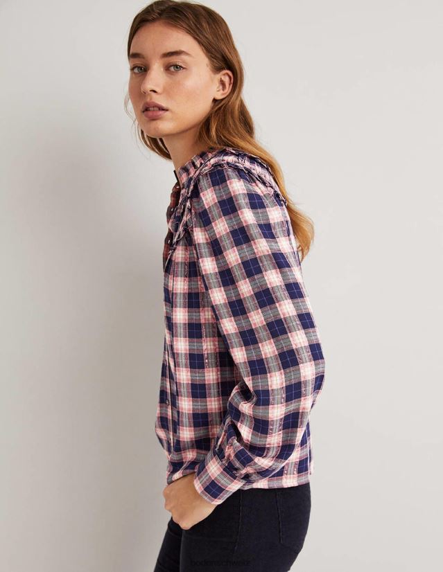 Boden Frauen Rüschenhemd mit hohem Kragen VH86PT1959 Kleidung Marineblaues und kupferfarbenes Lurex-Karomuster