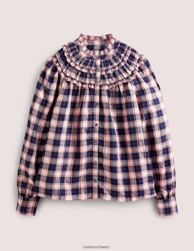 Boden Frauen Rüschenhemd mit hohem Kragen VH86PT1959 Kleidung Marineblaues und kupferfarbenes Lurex-Karomuster