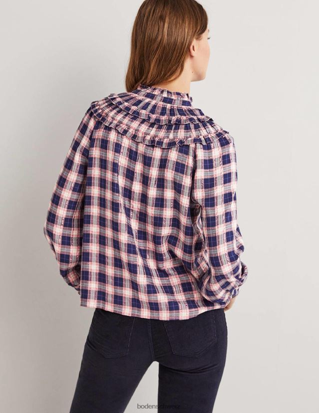 Boden Frauen Rüschenhemd mit hohem Kragen VH86PT1959 Kleidung Marineblaues und kupferfarbenes Lurex-Karomuster
