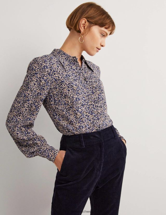 Boden Frauen Tailliertes Hemd mit Abnäher-Detail VH86PT2538 Kleidung persischer Blau- und Blattcluster